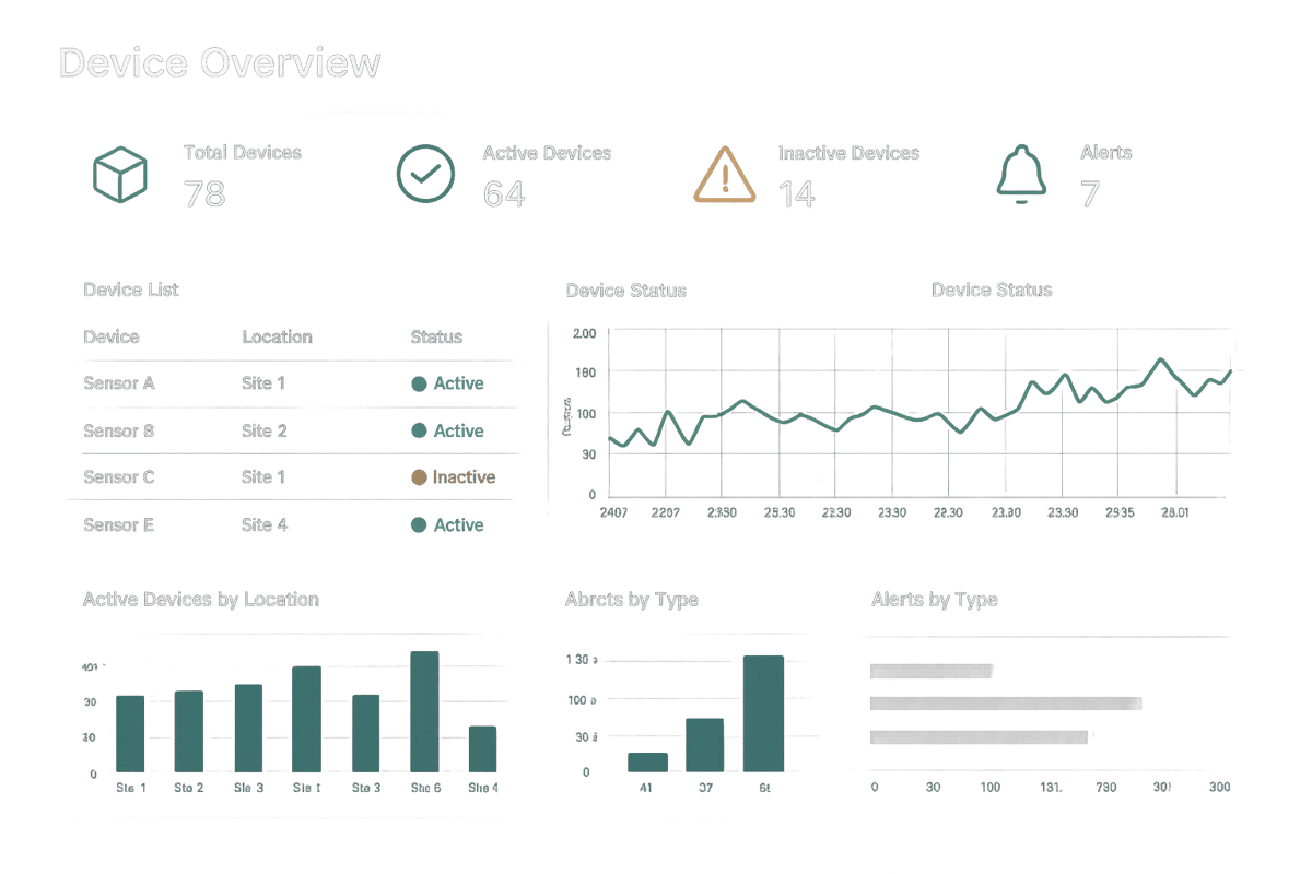 Dashboard mit Geräteübersicht, das Gesamtanzahl aktiver und inaktiver Geräte, Alarme, eine Geräteliste nach Standort sowie Diagramme zur Geräte‑ und Alarmstatistik zeigt.