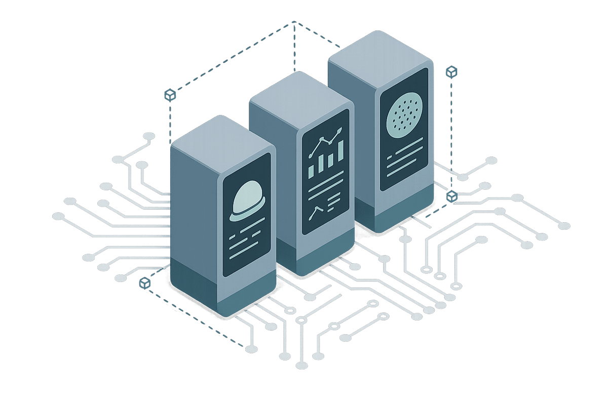 Isometrische Hardware‑Visualisierung mit vernetzten Sensor‑Geräten und Leiterbahnstrukturen, die eine modulare IoT‑Architektur und Datenverarbeitung symbolisieren