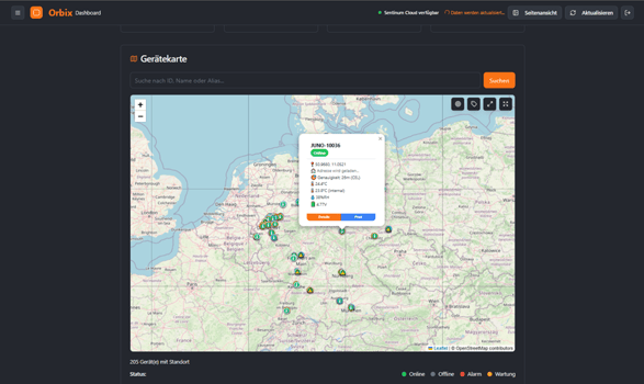 Dashboard‑Widget des Juno BSX Betriebsstundenzählers mit grafischer Darstellung erfasster Betriebsstunden und Statusinformationen zur digitalen Überwachung von Maschinen und Anlagen.