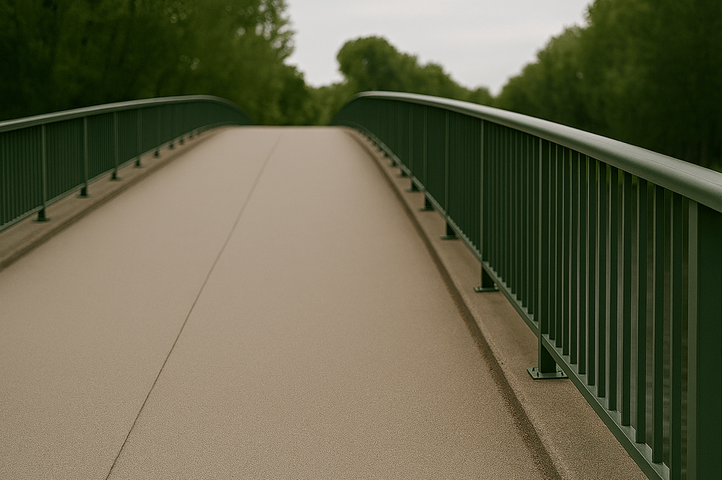 Fußgängerbrücke mit durchgehendem Metallgeländer über einem Fluss in grüner Umgebung, gezeigt als typische öffentliche Infrastruktur zur Überwachung von Neigung und strukturellen Veränderungen. Juno Tilt
