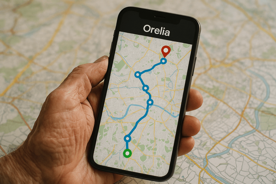 ORELIA Tracking-Ansicht mit GPS-Route und Genauigkeitskreis