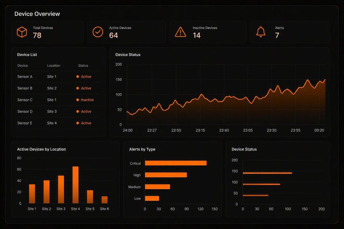 Dashboard mit Geräteübersicht, das Gesamtanzahl aktiver und inaktiver Geräte, Alarme, eine Geräteliste nach Standort sowie Diagramme zur Geräte‑ und Alarmstatistik zeigt.