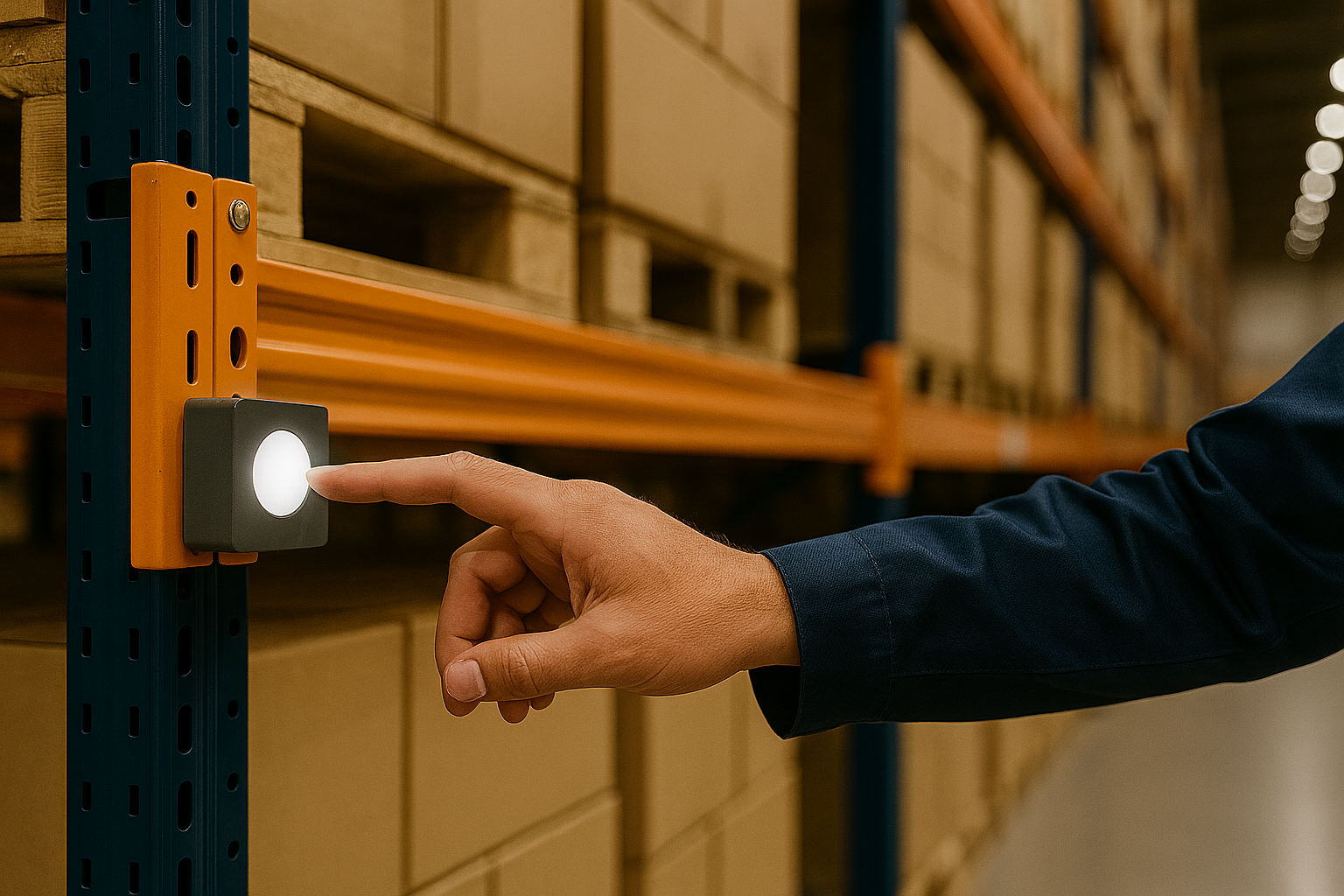 Manuelle Ereignisauslösung per Handgeste im Lager, erfasst durch den Apollon-Q PP als Smart-Button für Service- oder Nachbestellanfragen