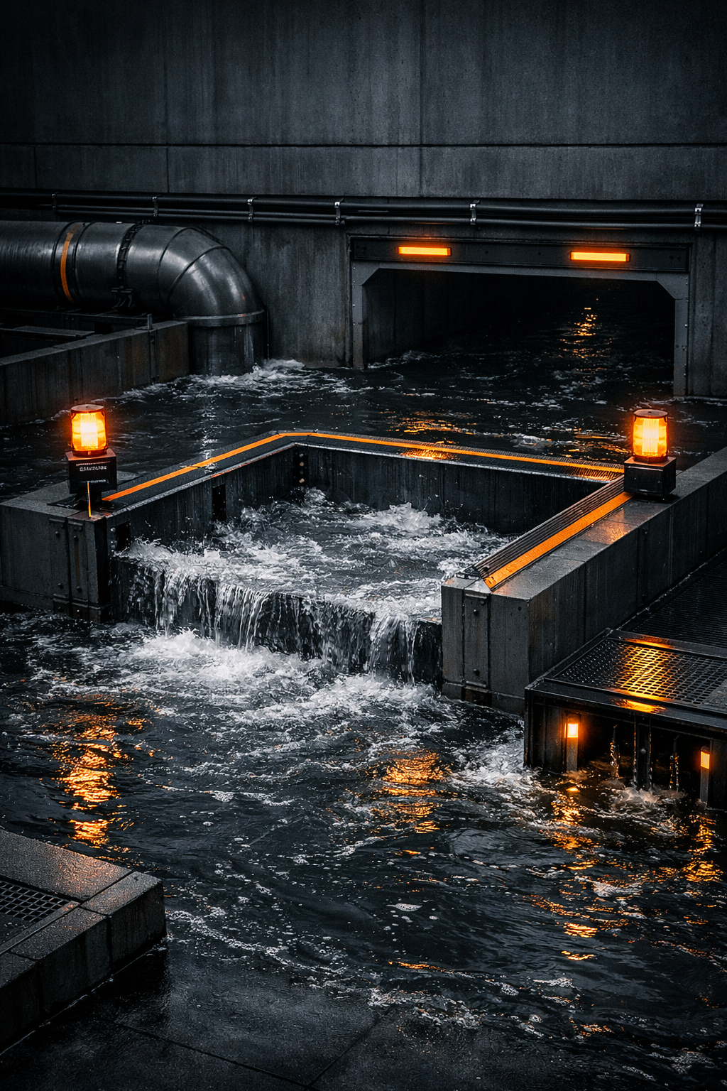 Fluss und Retentionsbecken – Hochwassermonitoring