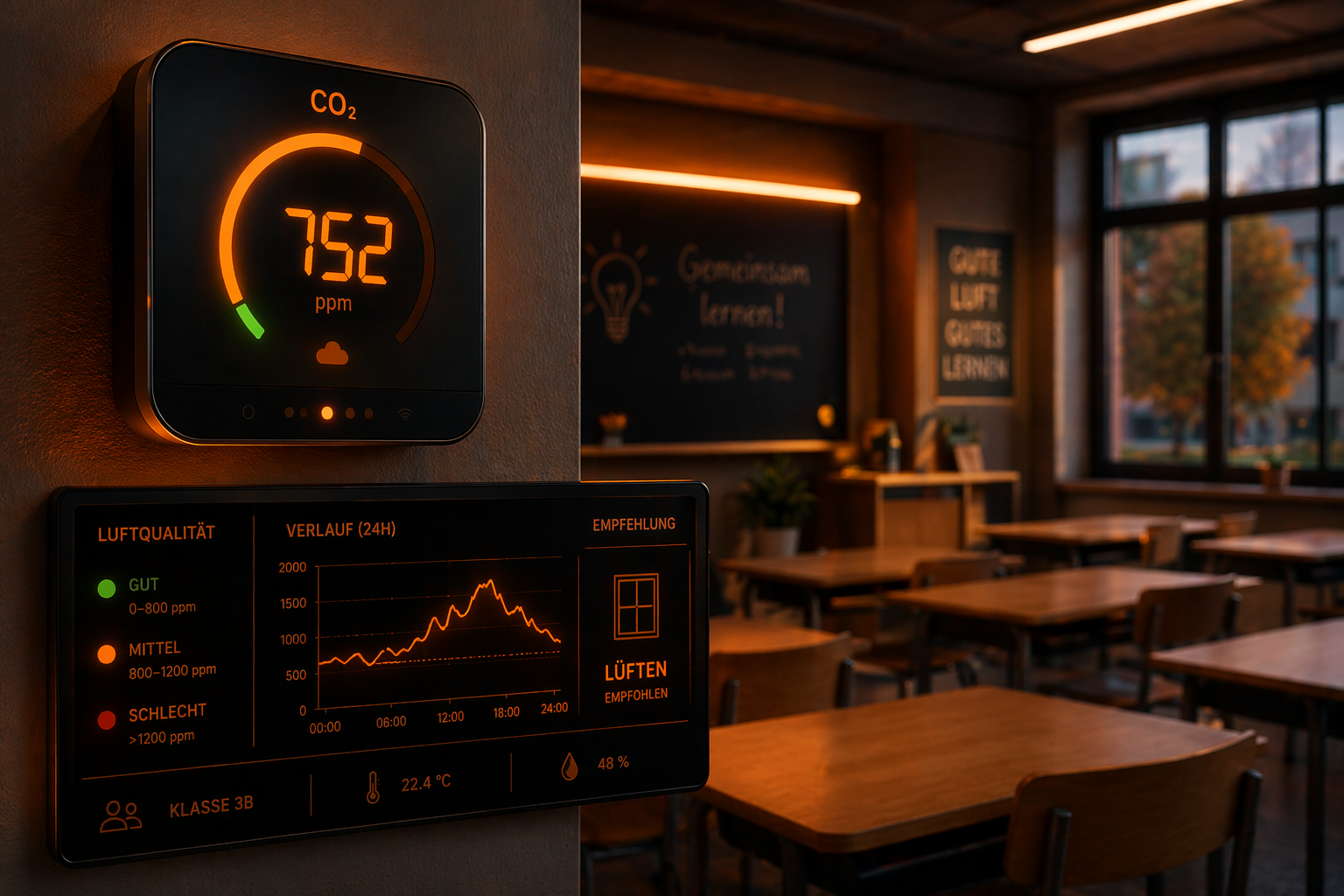 Febris CO2-Sensor mit aktiver grüner LED-Ampel zur Anzeige guter Raumluftqualität in einem Klassenzimmer