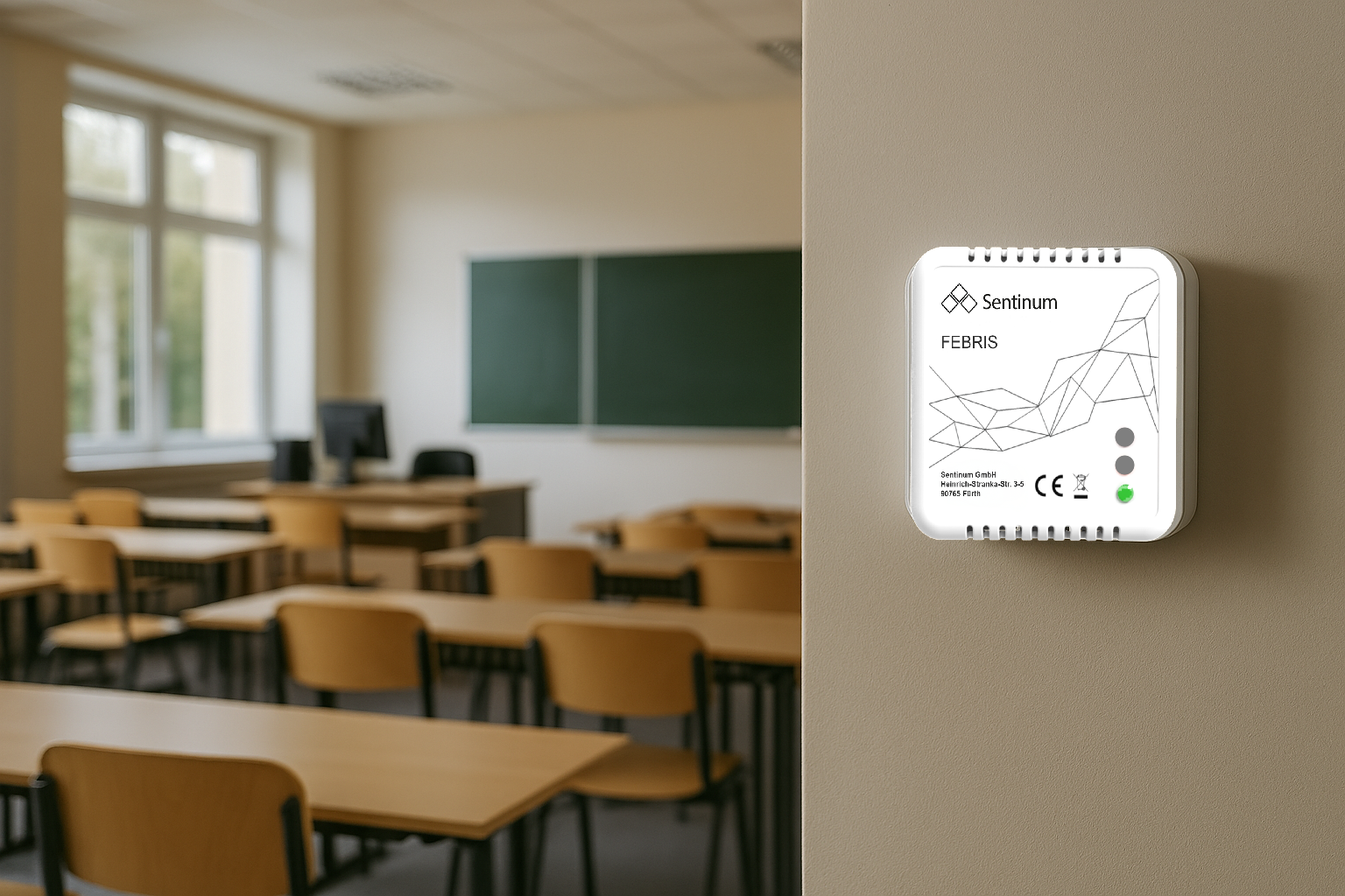 Febris CO2-Sensor mit aktiver grüner LED-Ampel zur Anzeige guter Raumluftqualität in einem Klassenzimmer