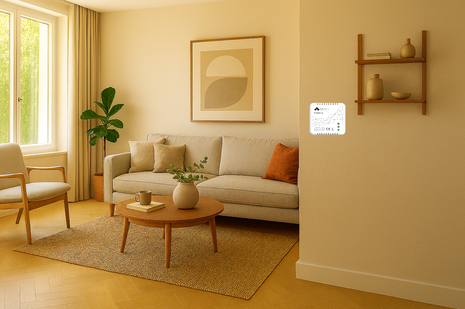 Modernes Wohnzimmer mit Sitzbereich;  typische Montageposition für den Febris SCW Sensor für Schimmelprävention in Wohnumgebungen.