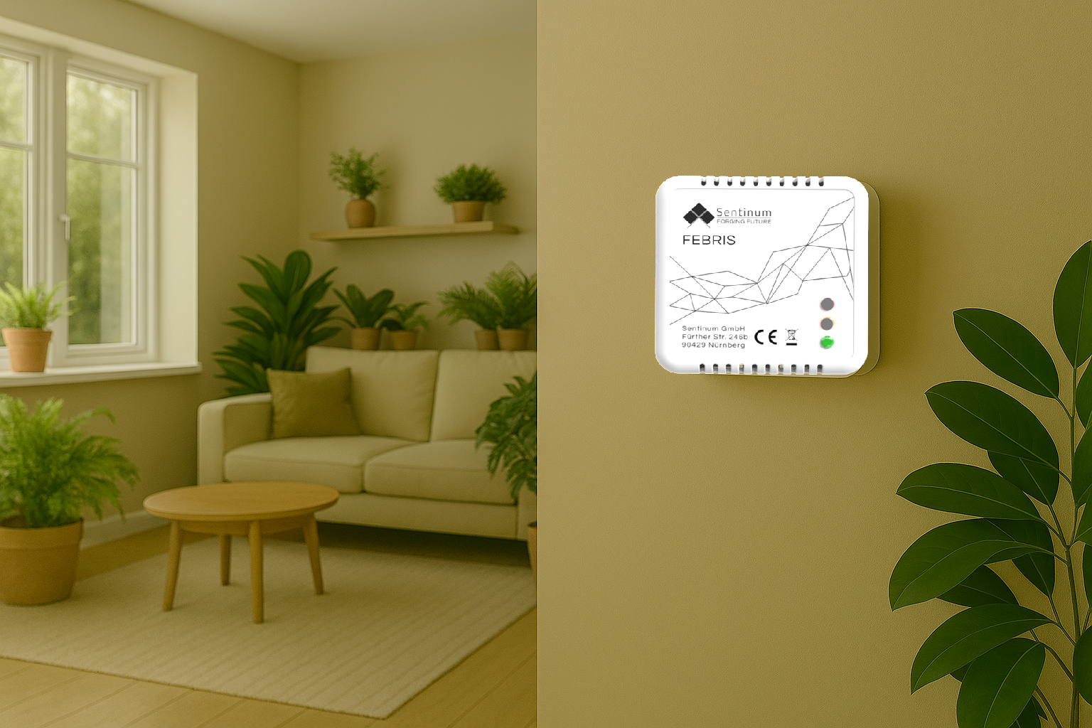 Febris CO2-Sensor mit aktiver grüner LED-Ampel zur Anzeige guter Raumluftqualität in einem Klassenzimmer