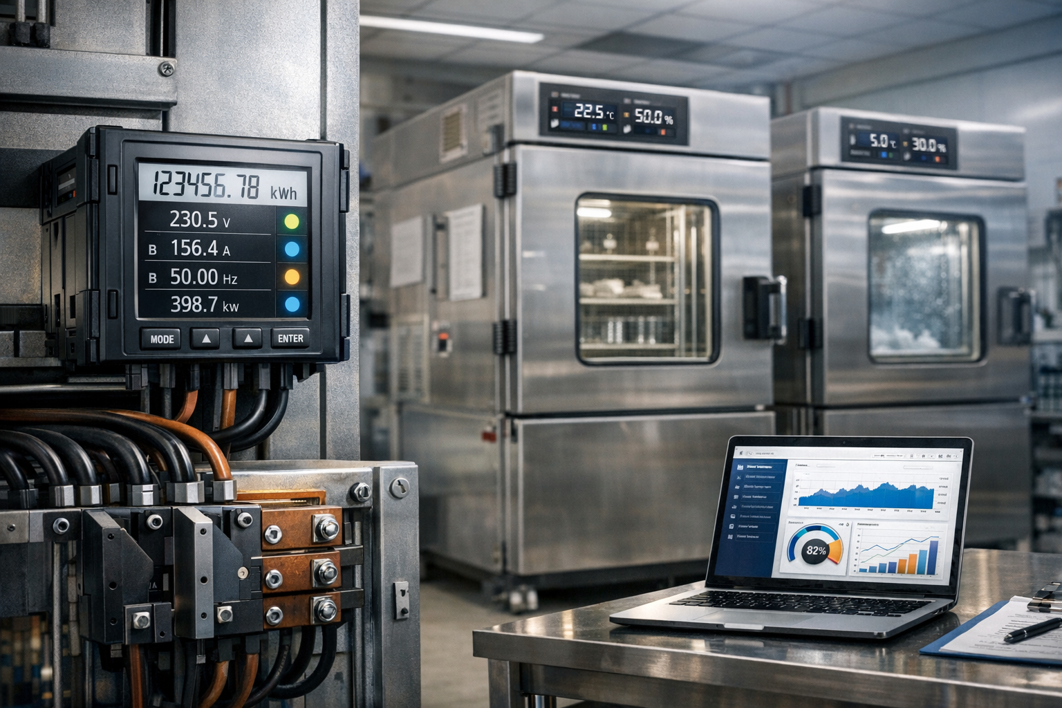 Helios Industrie‑Sensor zur Überwachung von elektrischen Leistungsdaten, Strom, Spannung und Energieverbrauch in industriellen Produktions‑ und Prozessanlagen mit zentraler Datenauswertung