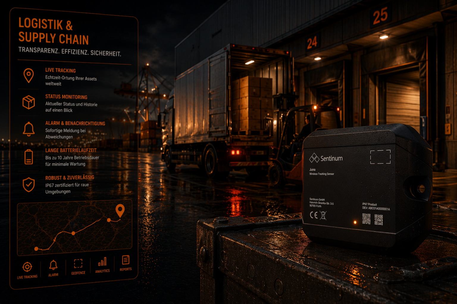 Isometrische Visualisierung einer Logistik- und Supply-Chain-Kette mit Umschlagpunkten, Lagern, Transportfahrzeugen und Warenflüssen