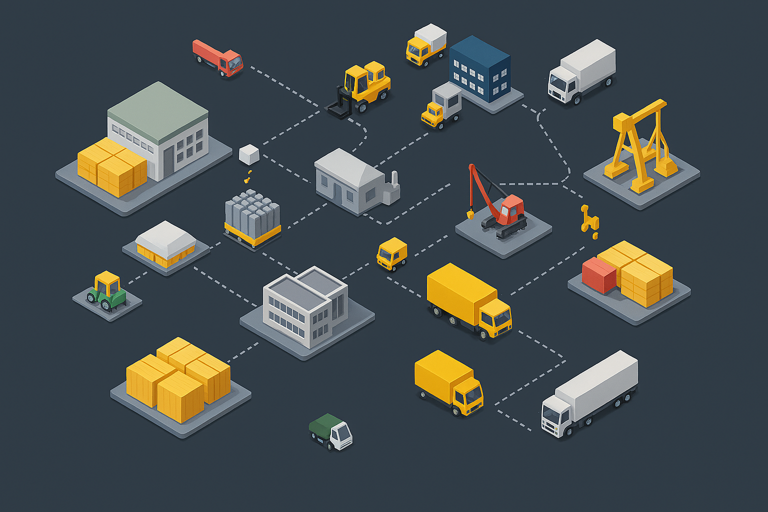 Isometrische Visualisierung einer Logistik- und Supply-Chain-Kette mit Umschlagpunkten, Lagern, Transportfahrzeugen und Warenflüssen