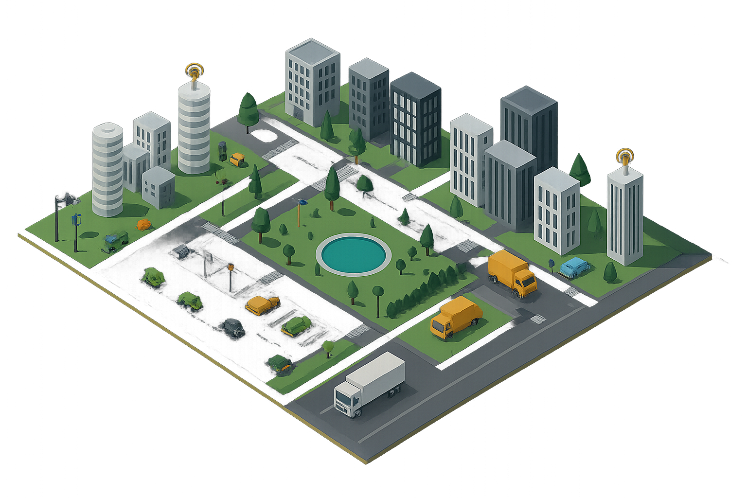 Smart‑City‑Szenario mit vernetzten Gebäuden, Verkehr, Infrastruktur und öffentlichem Equipment