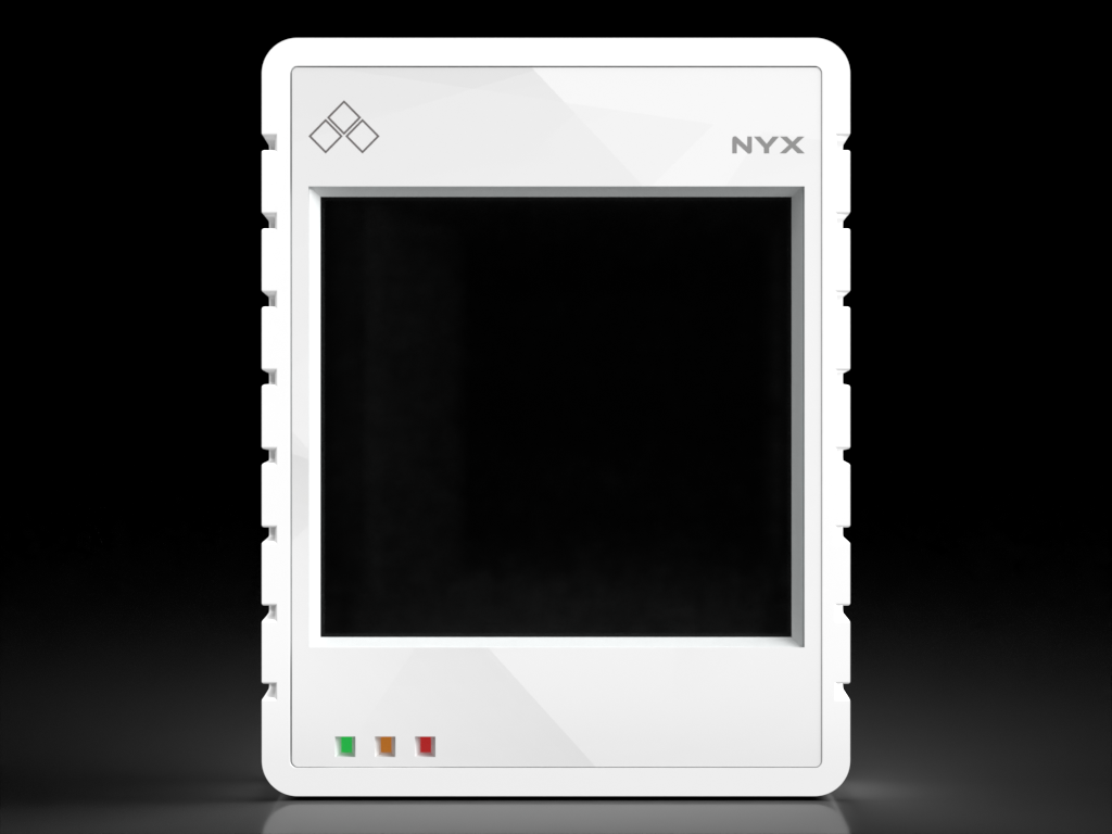 Nahaufnahme des NYX Indoor IoT Sensors im Einsatz – ultraflacher, solarbetriebener Raumklimasensor für energieautarken Betrieb