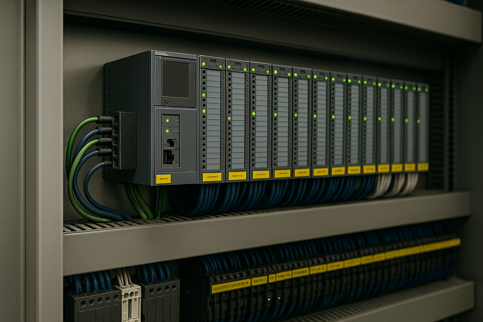 Industrielle Anlage mit Steuerungs- und Prozessumgebung zur drahtlosen IO-Link Datenerfassung von Temperatur-, Druck- und Zustandsdaten mit AION ohne Eingriff in die Maschinensteuerung mit umfangreicher Verkabelung zur Erfassung von Abständen und Positionen bewegter Maschinenachsen