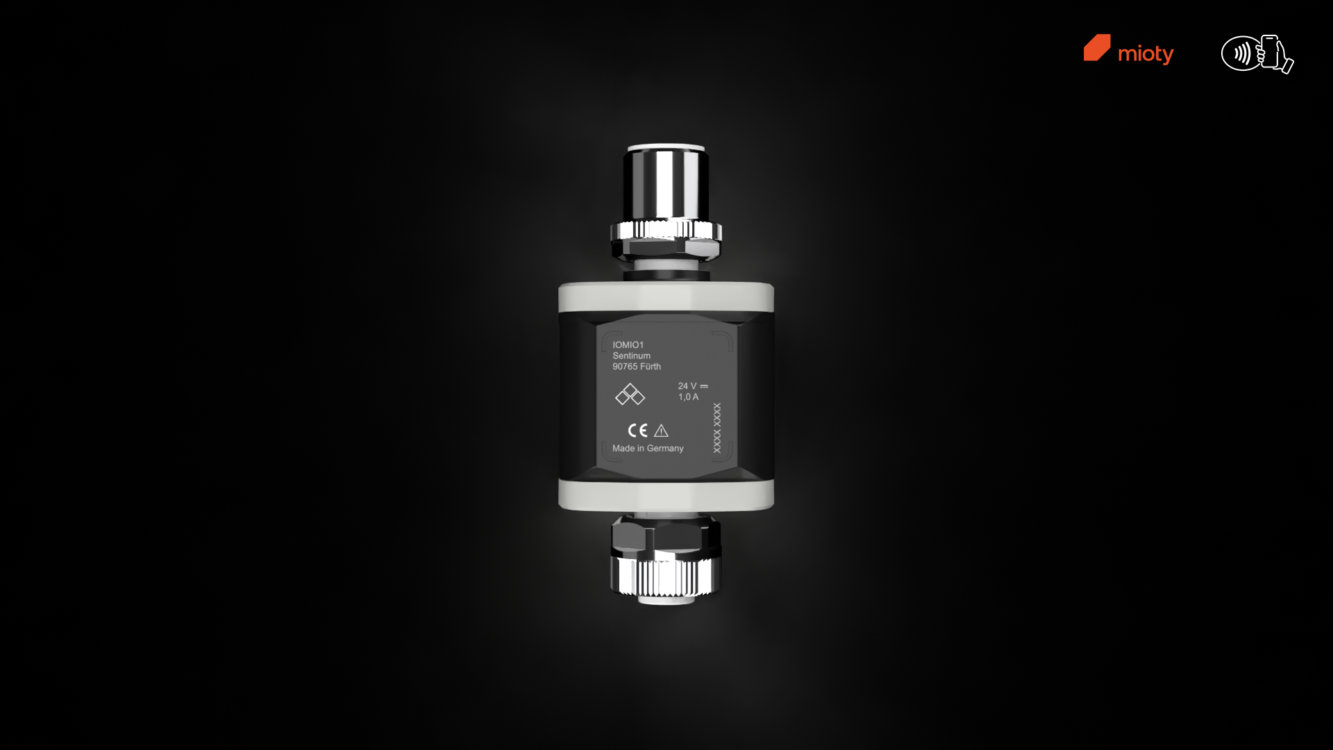 Aion mioty® Adapter von Sentinum in schwarzer Frontansicht zur sicheren Anbindung und drahtlosen Übertragung von Sensor‑ und IO‑Link‑Messdaten in industriellen IoT‑ und Zustandsüberwachungsanwendungen.